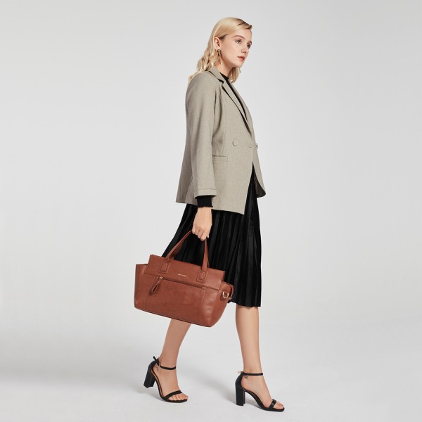 LH6910 - Miss Lulu Leather Look Classic Handbag - Brown